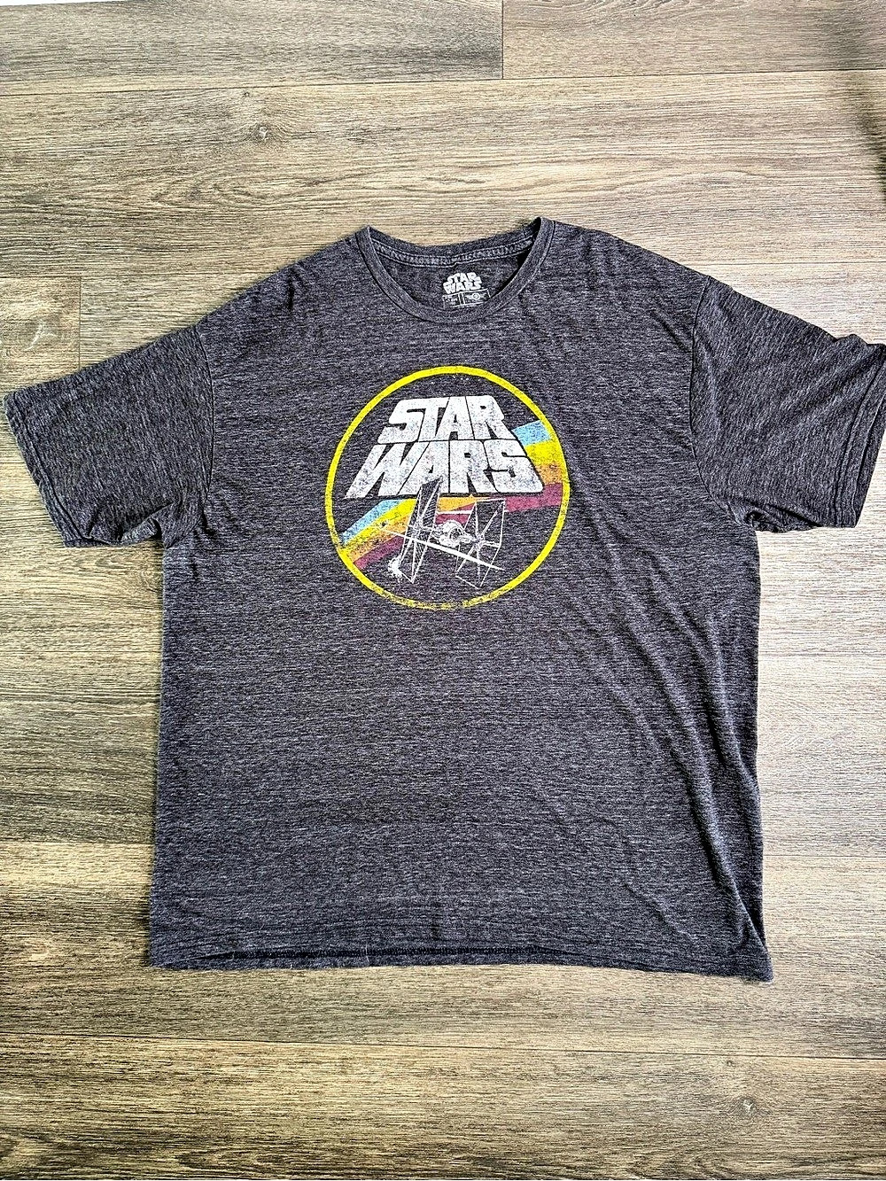 Star Wars TIE Fighter Retro Rainbow Circle Graphic T-Shirt Graphic Tee in Gray